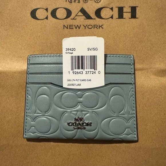 Coach NWT Embossed Calf Leather Slim Card Case Sage Green - Picture 4 of 5
